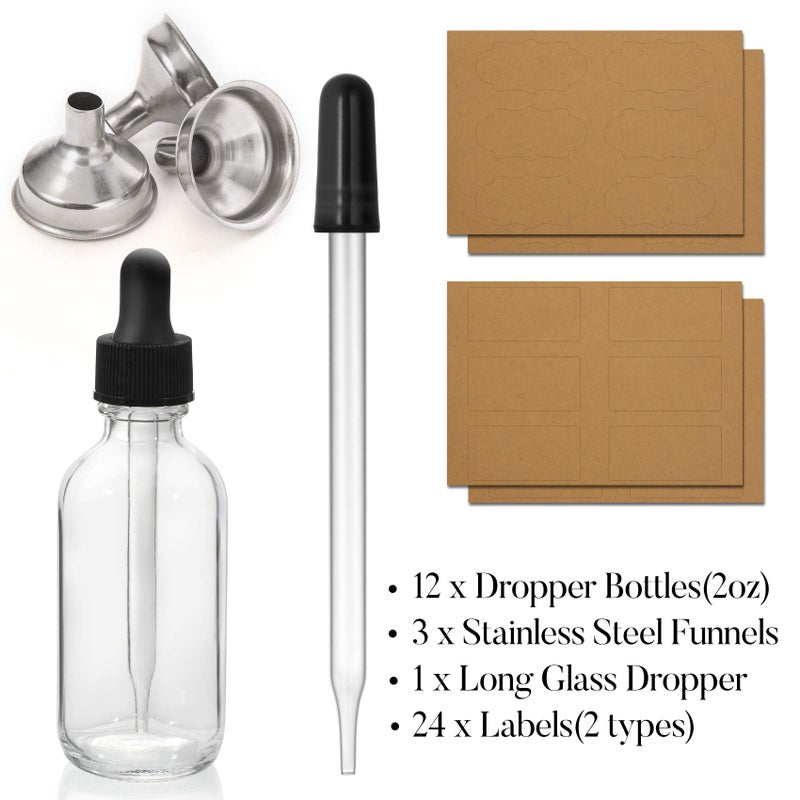 Aozita 12 Pack, 2 oz Glass Eye Dropper Bottles w/ 3 Stainless Steel Funnels & 1 Long Pipette Dropper & 24 Labels - 60ml Clear Tincture Bottles for Essential Oils, Liquids - Leakproof Travel Essential Bottles  - Image 2