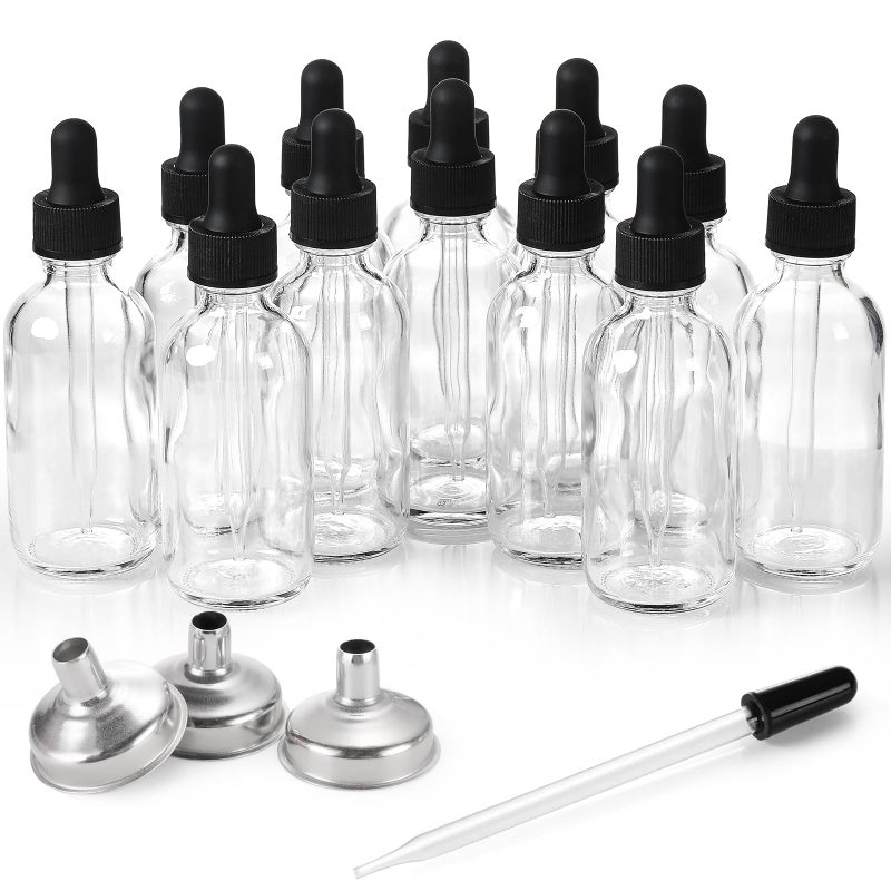 Aozita 12 Pack, 2 oz Glass Eye Dropper Bottles w/ 3 Stainless Steel Funnels & 1 Long Pipette Dropper & 24 Labels - 60ml Clear Tincture Bottles for Essential Oils, Liquids - Leakproof Travel Essential Bottles  - Image 1
