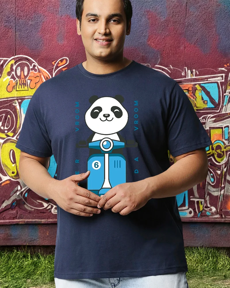 بيواكوف تيشيرت رجالي مقاس كبير بطبعة باندا فيروم زرقاء