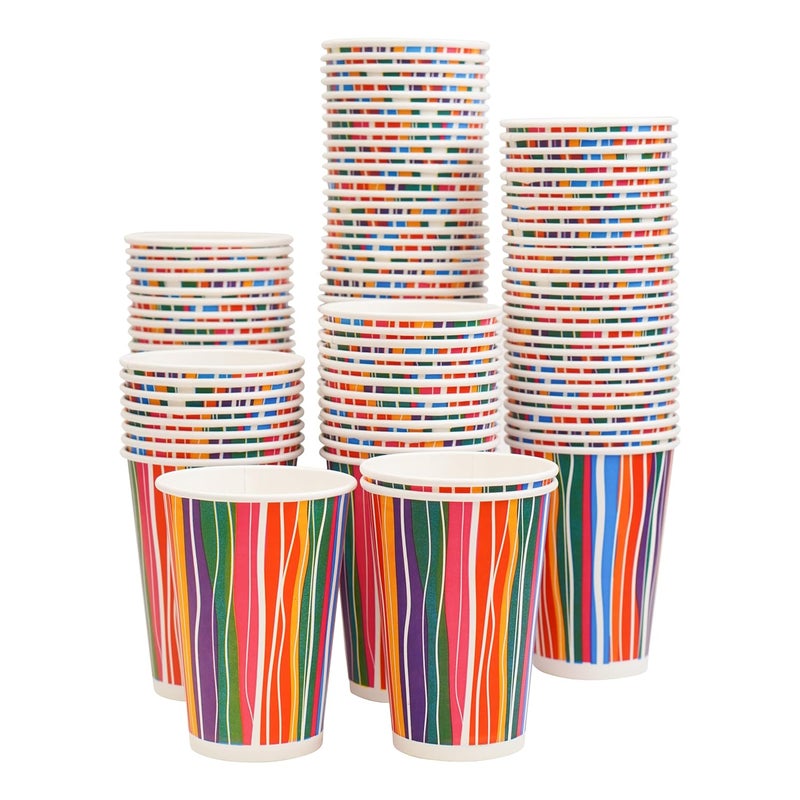 PARICOTT 300ml Multi StripePrinted Disposable Glass Drinking Cups for Cocktail Alcohol Wine Tea Coffee Cold Drink Juice Water Party Paper Cups Use and Throw Without Lid Paper Cup 300ml 100pcs