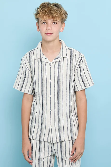 R&B Striped Shirt with Revere Collar and Short Sleeves