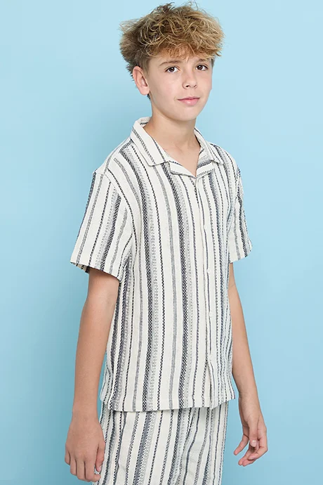 R&B Striped Shirt with Revere Collar and Short Sleeves