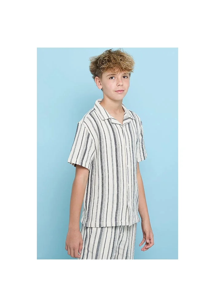 أر أند بي Striped Shirt with Revere Collar and Short Sleeves
