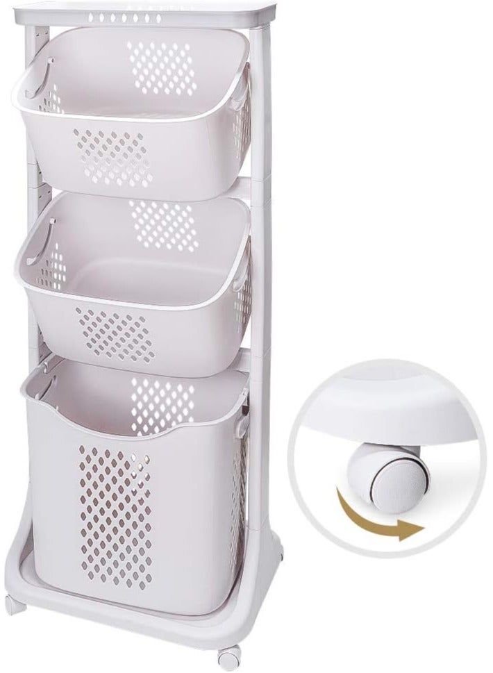 DubaiGallery 3-Tier Laundry Basket, Portable Home Rolling Laundry Hamper Cart w/Wheels, Clothes Hamper with Portable Storage Baskets for Bathroom Laundry Room Dorm, White - Image 1