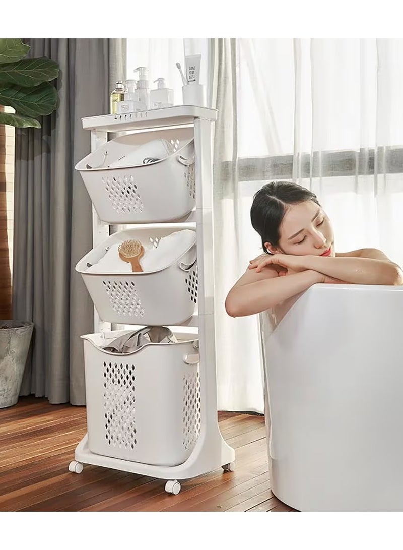 DubaiGallery 3-Tier Laundry Basket, Portable Home Rolling Laundry Hamper Cart w/Wheels, Clothes Hamper with Portable Storage Baskets for Bathroom Laundry Room Dorm, White - Image 4