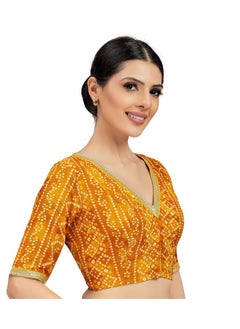Studio Shringaar Studio Shringaar Women's Polyester Bandhni Printed & Embroidered Saree Blouse with Elbow Length Sleeves (Yellow,34)  - Image 3