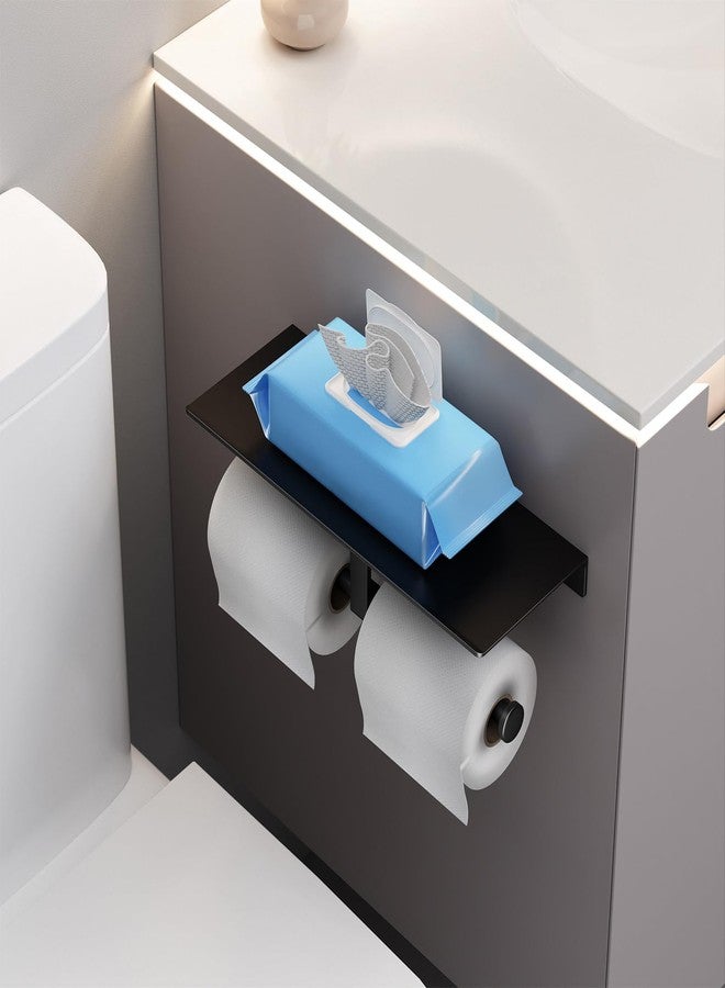 Danpoo Matte Black Toilet Paper Holder with Shelf, Wall-Mounted Bathroom Organizer, Double Roll - Image 3