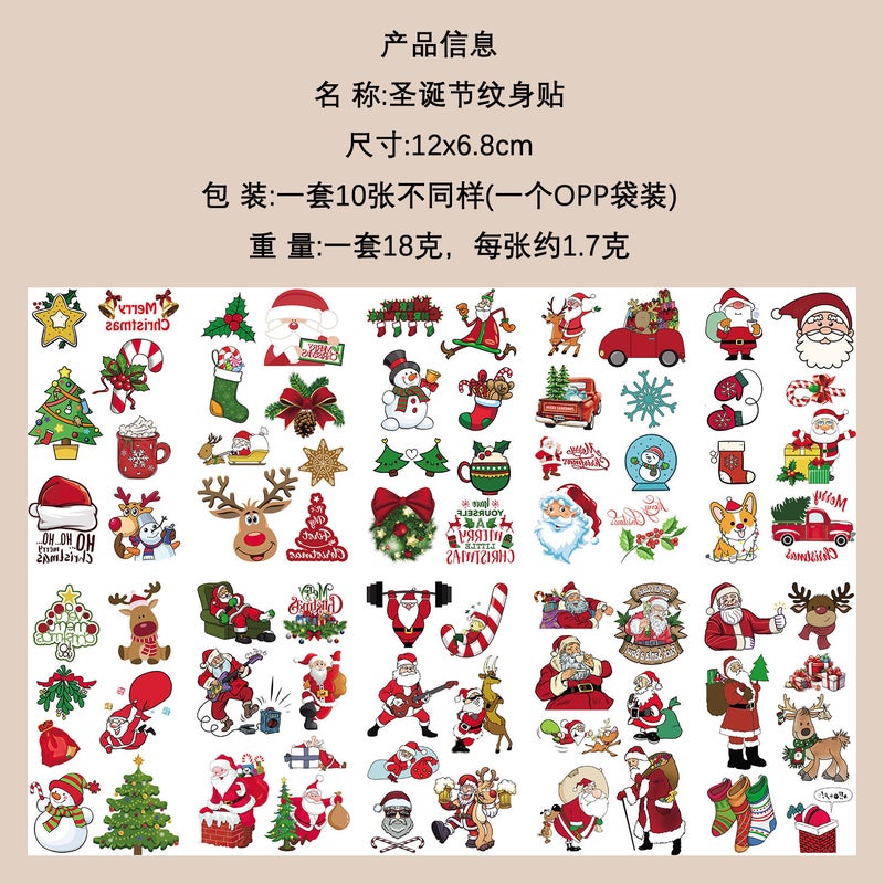 10 Pieces Of Christmas Tattoo Stickers, Disposable Holiday Party Event Party Personalized Decoration Gifts, - Image 1