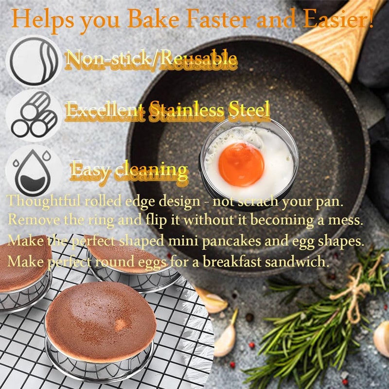 Kuayb 8 Pieces English Muffin Rings Crumpet Rings 3.15 Inch Stainless Steel Double Rolled Tart Ring Nonstick Metal Round Ring Mold For Kitchen Cooking Baking - Image 5