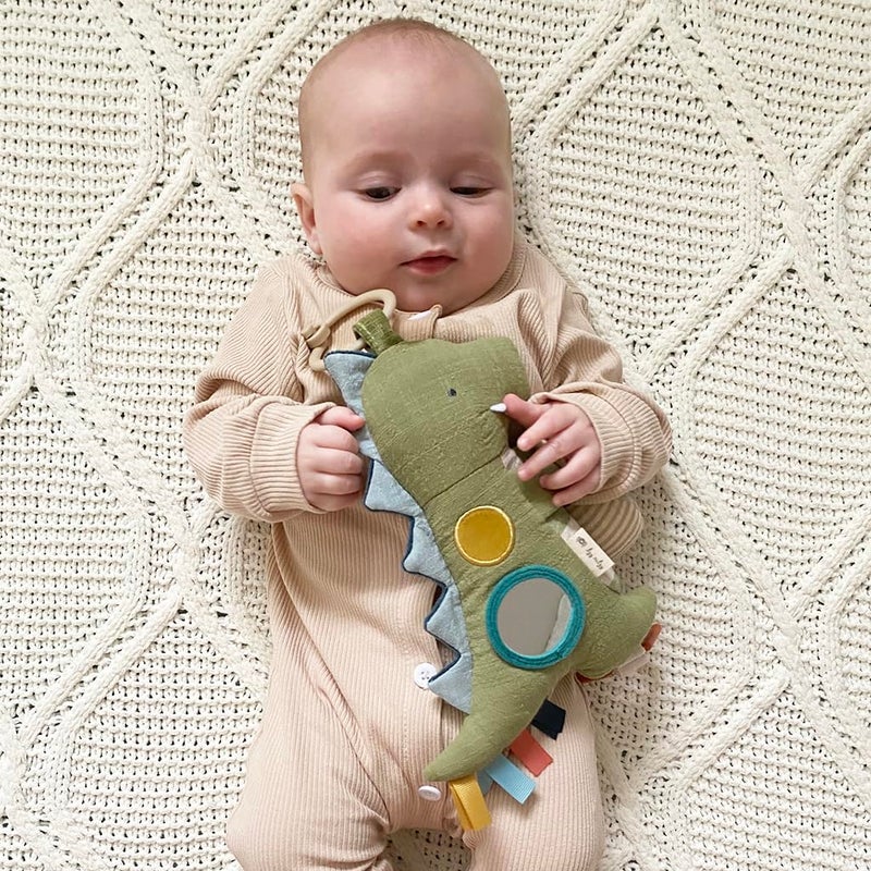 Itzy Ritzy Bitzy Traveler Car Seat & Stroller Toy for Babies â€“ Developmental Sensory Toy Features Crinkle & Rattle Sounds & Multiple Textures â€“Hanging Travel Toy for On-the-Go Entertainment (Dinosaur) - Image 2