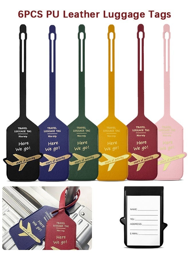 Wffo 6PCS PU Leather Luggage Tags, Travel Baggage Tag with Adjustable Strap & Privacy Protection Cover Suitcase Tags Bag Tags ID Tags Luggage Address Tags for Women Men (6 Colours) - Image 1