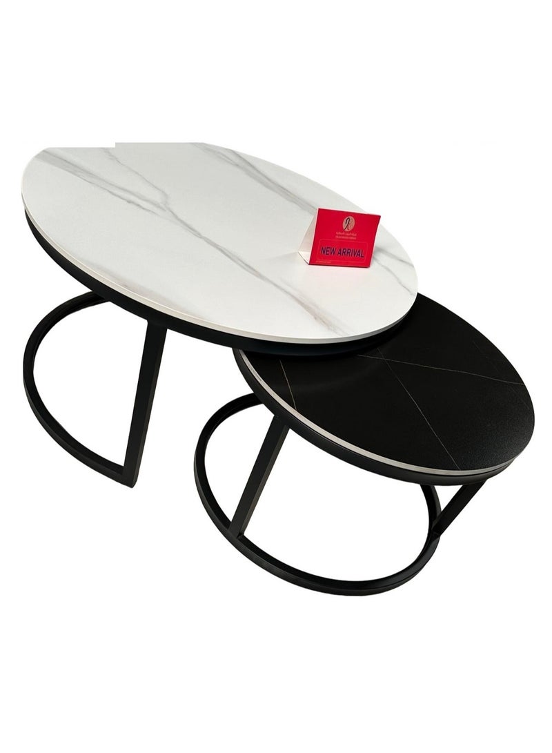 COFFEE TABLE- ROUND SHAPE , BLACK & WHITE COLOR, STRONG METAL FRAME MARBLE FINISH TOP