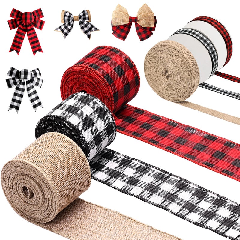 6 Rolls 54 Yards Christmas Wrapping Ribbon Buffalo Plaid Festival Ribbon Wired Holiday Garland Ribbons for Gift Wrapping Decoration Floral Bows Craft