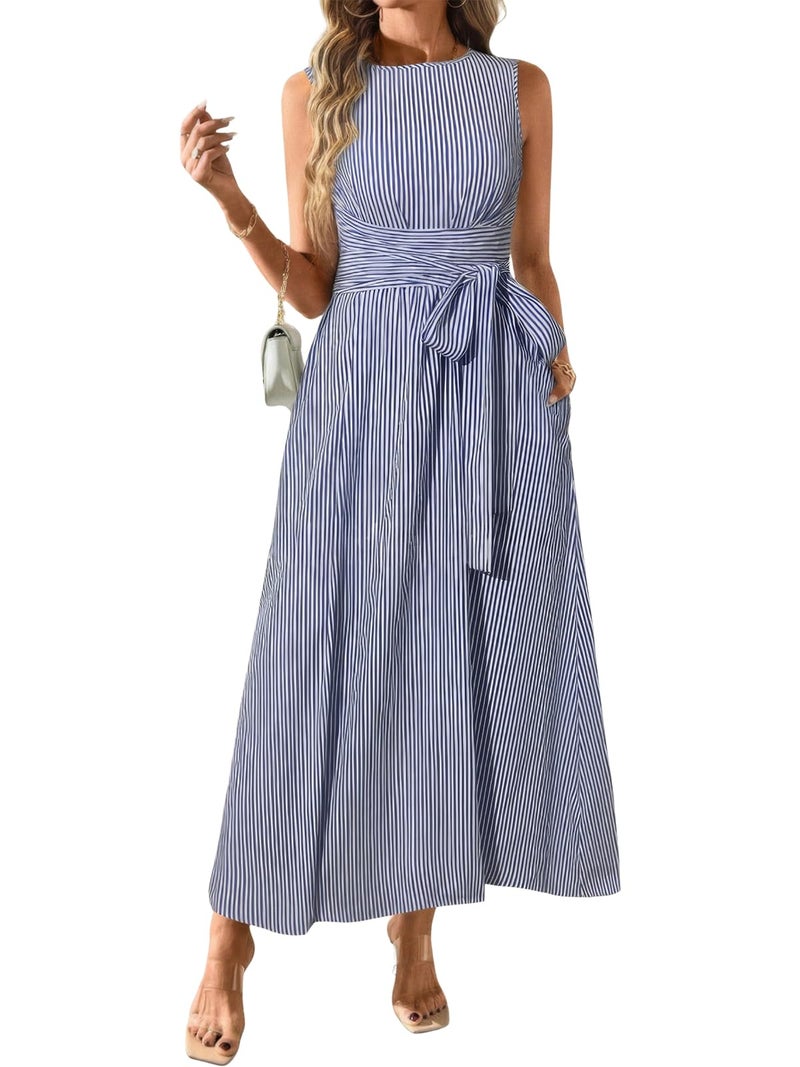 ebossy Women's Striped Shirt Dress Casual Crewneck Tie Waist Sleeveless A-Line Maxi Cotton Dress with Pockets (Small, Navy) - Image 1