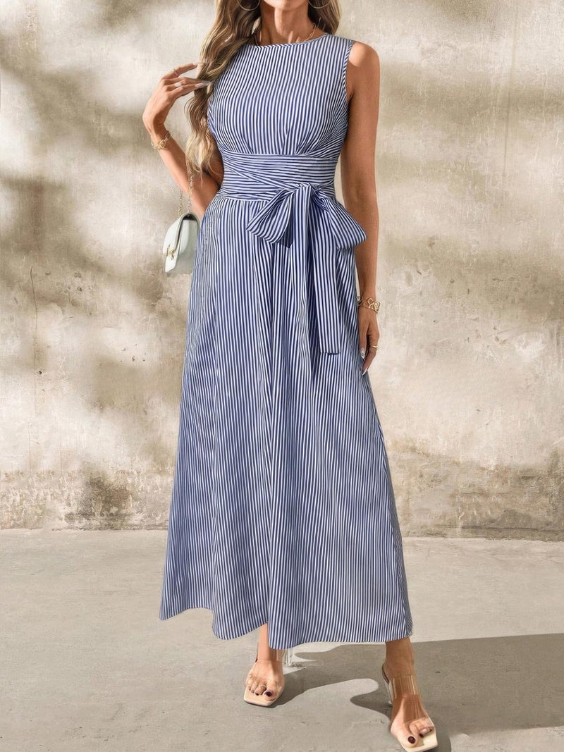ebossy Women's Striped Shirt Dress Casual Crewneck Tie Waist Sleeveless A-Line Maxi Cotton Dress with Pockets (Small, Navy) - Image 3