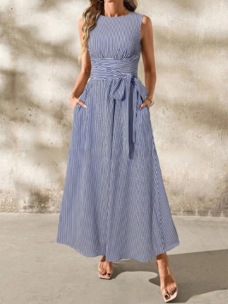 ebossy Women's Striped Shirt Dress Casual Crewneck Tie Waist Sleeveless A-Line Maxi Cotton Dress with Pockets (Small, Navy) - Image 2