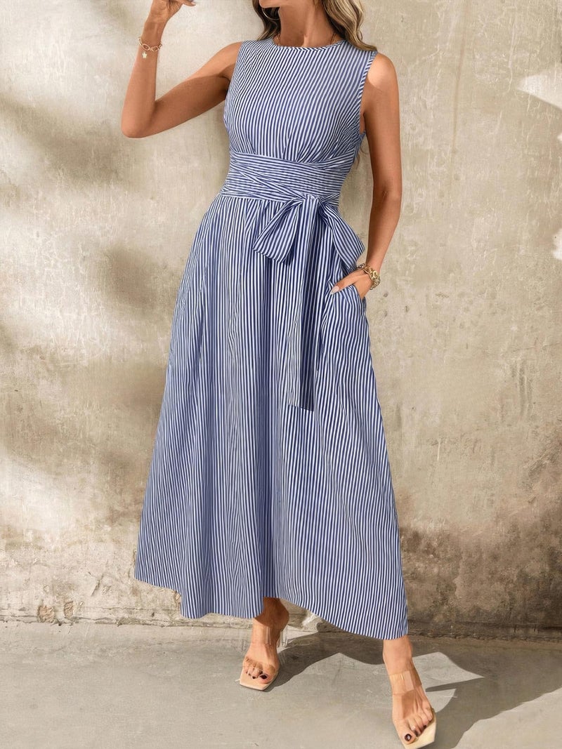 ebossy Women's Striped Shirt Dress Casual Crewneck Tie Waist Sleeveless A-Line Maxi Cotton Dress with Pockets (Small, Navy) - Image 5