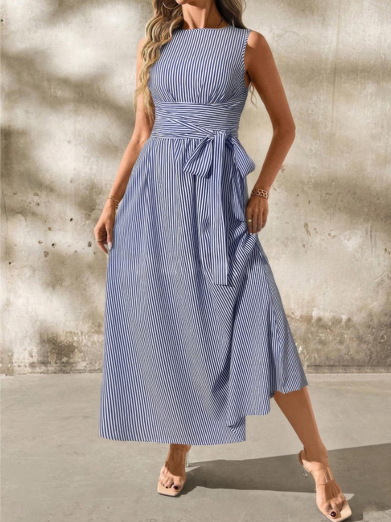 ebossy Women's Striped Shirt Dress Casual Crewneck Tie Waist Sleeveless A-Line Maxi Cotton Dress with Pockets (Small, Navy) - Image 4