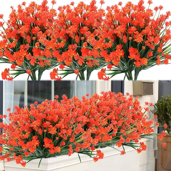 20 BUNDLES OUTDOOR ARTIFICIAL FAKE FLOWERS UV RESISTANT SHRUBS FAUX PLASTIC GREENERY FOR INDOOR OUTSIDE HANGING PLANTS GARDEN PORCH WINDOW BOX HOME WEDDING FARMHOUSE DECOR ORANGE RED