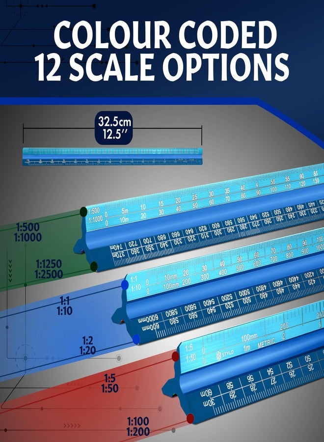 Stylo 12" Aluminum Architect Scale Ruler Laser Etched Triangle Drafting Ruler, Color Coded Grooves for Blueprint, Drafting and Drawing, Architectural Scale Ruler for Blueprints (Light Blue, Metric Units) - Image 2
