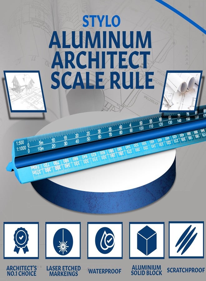 Stylo 12" Aluminum Architect Scale Ruler Laser Etched Triangle Drafting Ruler, Color Coded Grooves for Blueprint, Drafting and Drawing, Architectural Scale Ruler for Blueprints (Light Blue, Metric Units) - Image 3
