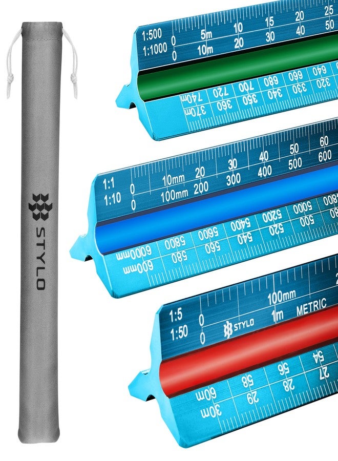 Stylo 12" Aluminum Architect Scale Ruler Laser Etched Triangle Drafting Ruler, Color Coded Grooves for Blueprint, Drafting and Drawing, Architectural Scale Ruler for Blueprints (Light Blue, Metric Units) - Image 1