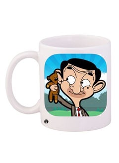 RYN Mr Bean Cartoon Printed Ceramic Coffee Mug White/Blue/Green 11ounce 