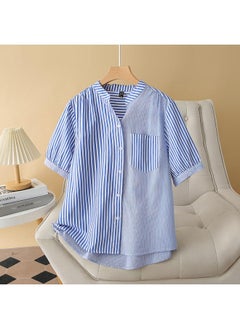 T5 Plus Size Women's Summer New Chubby Girl Slimming Loose Striped V-neck Washed Cotton Short-sleeved Shirt Top 24