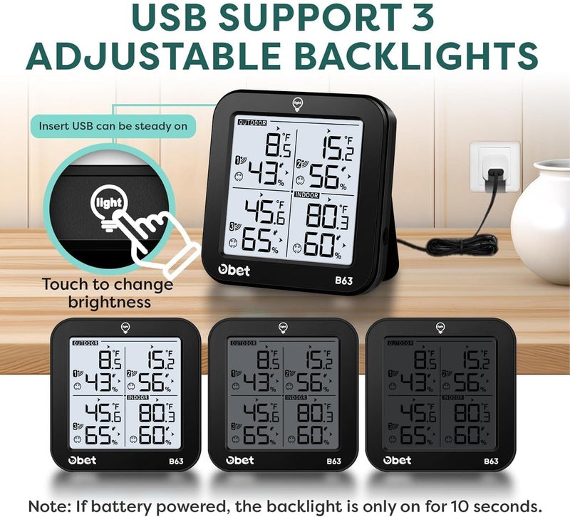 OBET Indoor Outdoor Thermometer Wireless Weather Station with 3 Sensors, Digital Hygrometer Remote Thermometer, Thermometer Temperature Humidity Monitor with Adjustable Backlight, USB Port (500 Feet) - Image 2
