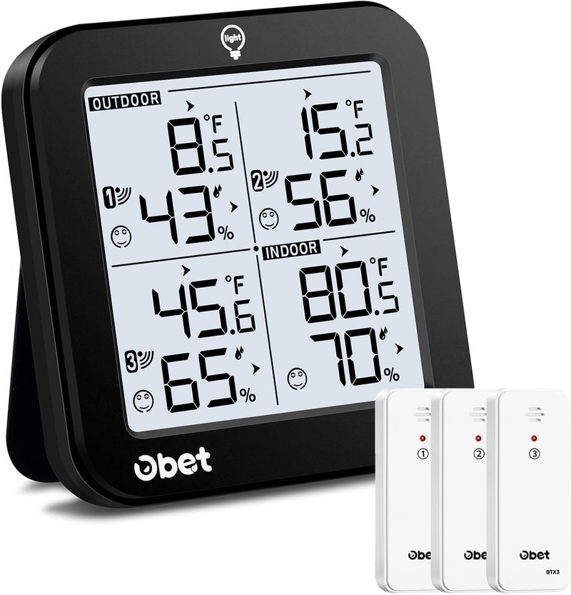 OBET Indoor Outdoor Thermometer Wireless Weather Station with 3 Sensors, Digital Hygrometer Remote Thermometer, Thermometer Temperature Humidity Monitor with Adjustable Backlight, USB Port (500 Feet) - Image 1