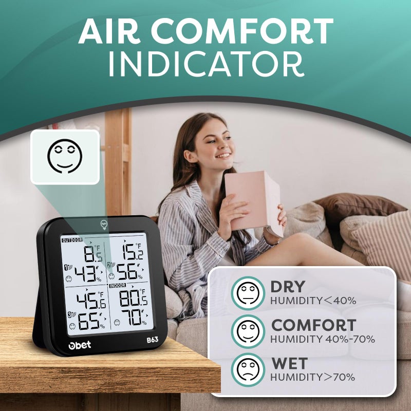 OBET Indoor Outdoor Thermometer Wireless Weather Station with 3 Sensors, Digital Hygrometer Remote Thermometer, Thermometer Temperature Humidity Monitor with Adjustable Backlight, USB Port (500 Feet) - Image 4
