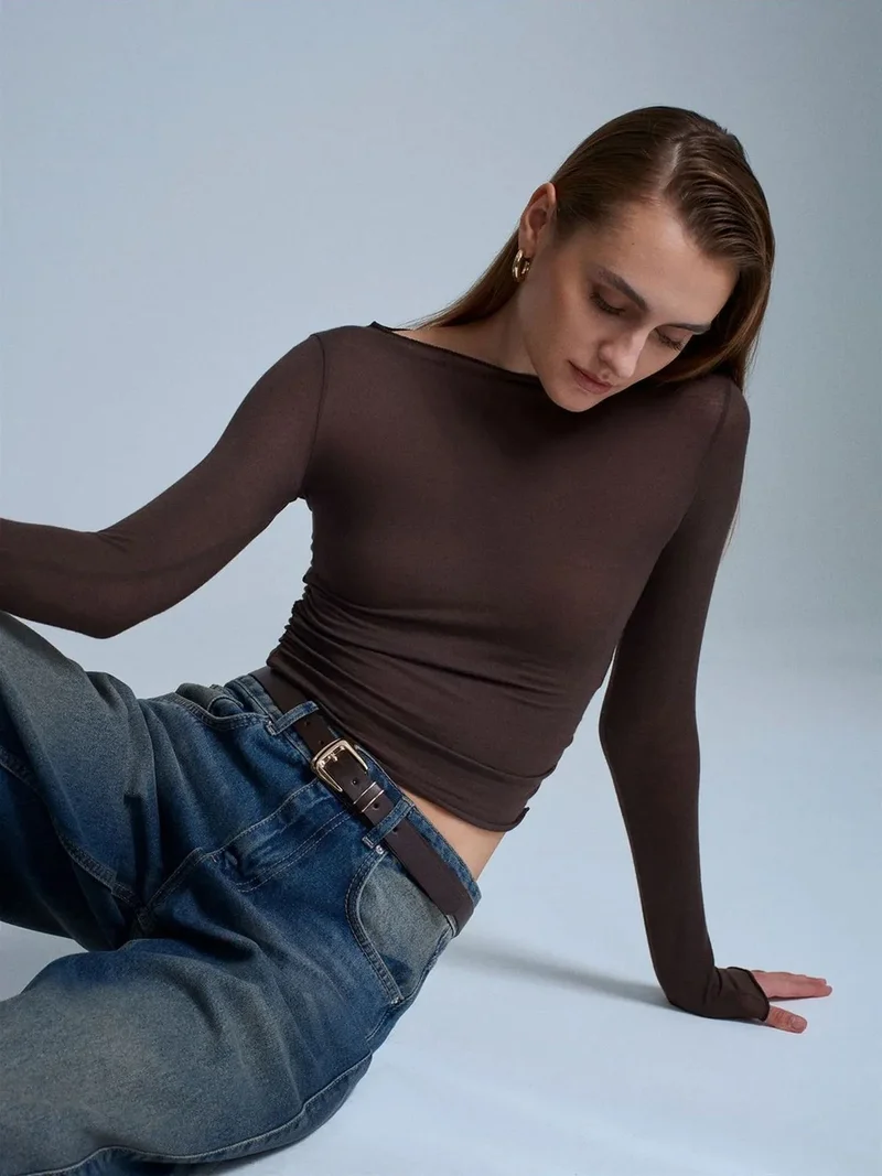 ديلفين DILVIN Slim Fit Boat Neck Long Sleeve Blouse