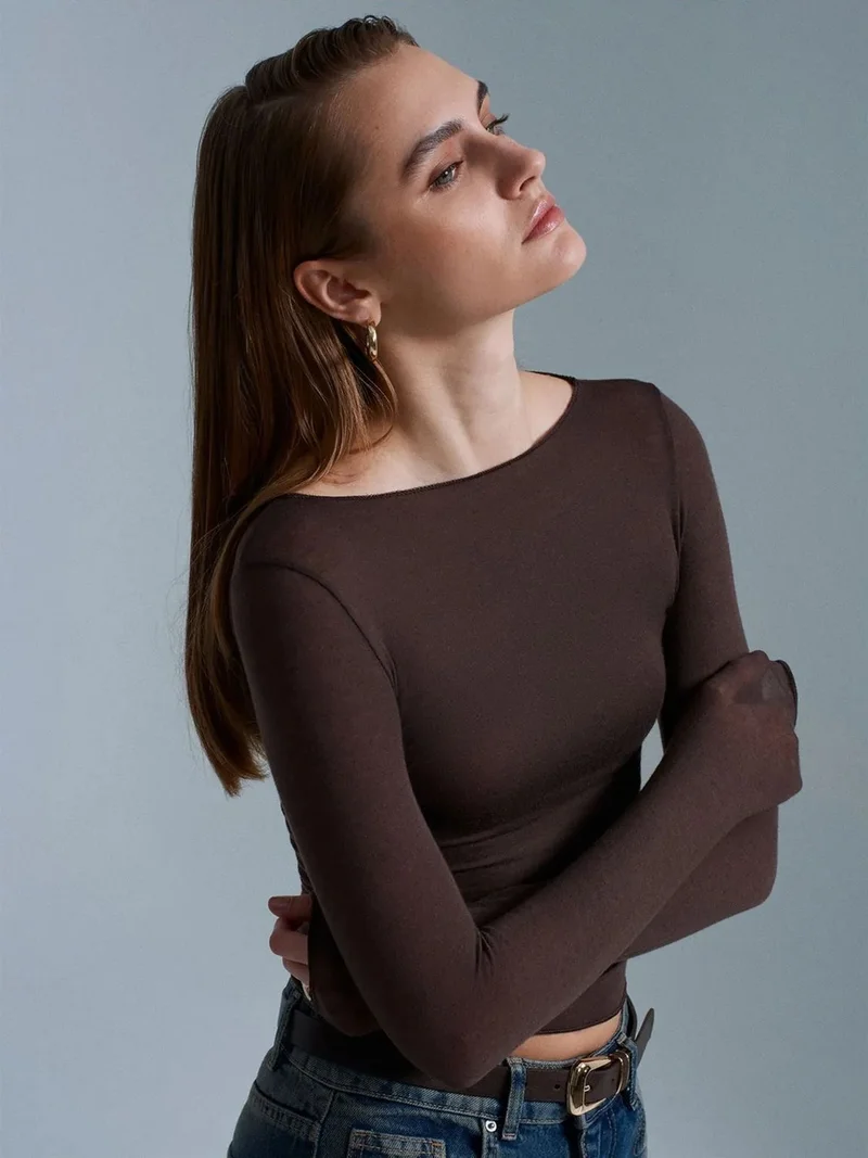 ديلفين DILVIN Slim Fit Boat Neck Long Sleeve Blouse