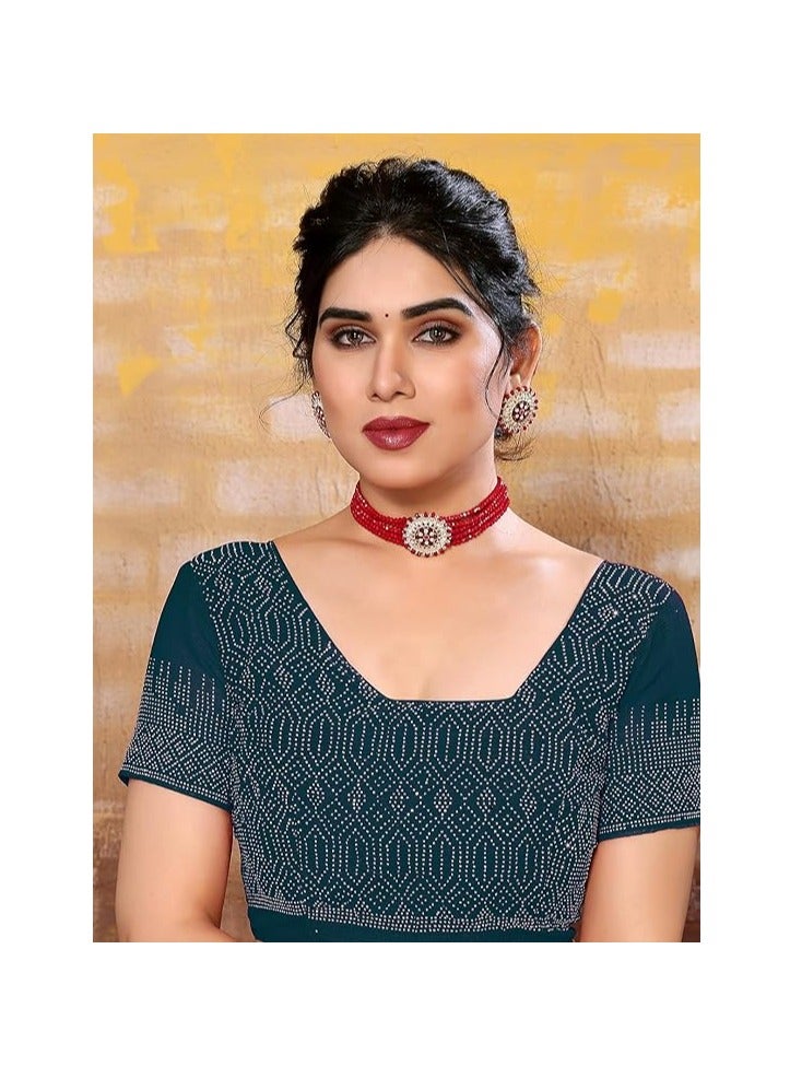 مملكة الإكسسوارات ساري جورجيت نسائي ذو تثبيت ساخن مع قطعة بلوزة غير مخيطة - Image 4