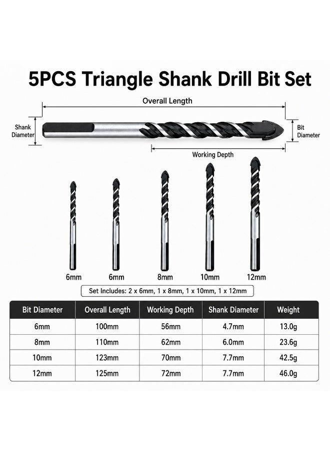5 Pcs Triangle Shank Drill Bit Set, 6mm/8mm/10mm/12mm Multi Size Masonry Drill Bits For Tile Glass Brick Concrete Wood Plastic, Compatible With Hand Drill Cordless Drill Bench Drill - Image 3