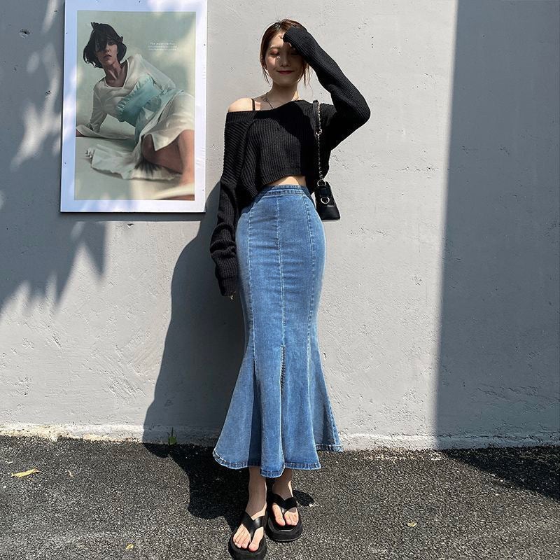 Women's Denim High-Waist Stretchy Bodycon Mermaid Skirt with Side Slit - Image 4