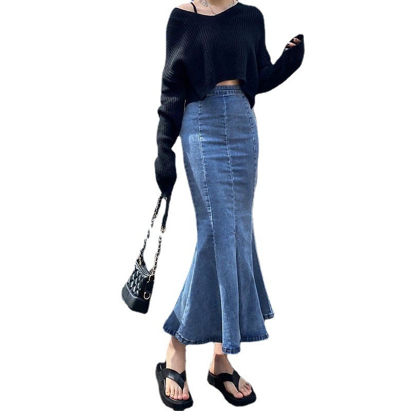 Women's Denim High-Waist Stretchy Bodycon Mermaid Skirt with Side Slit - Image 5