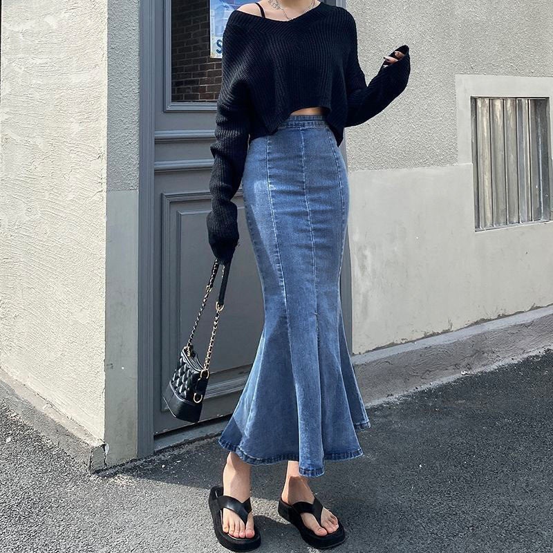 Women's Denim High-Waist Stretchy Bodycon Mermaid Skirt with Side Slit - Image 1