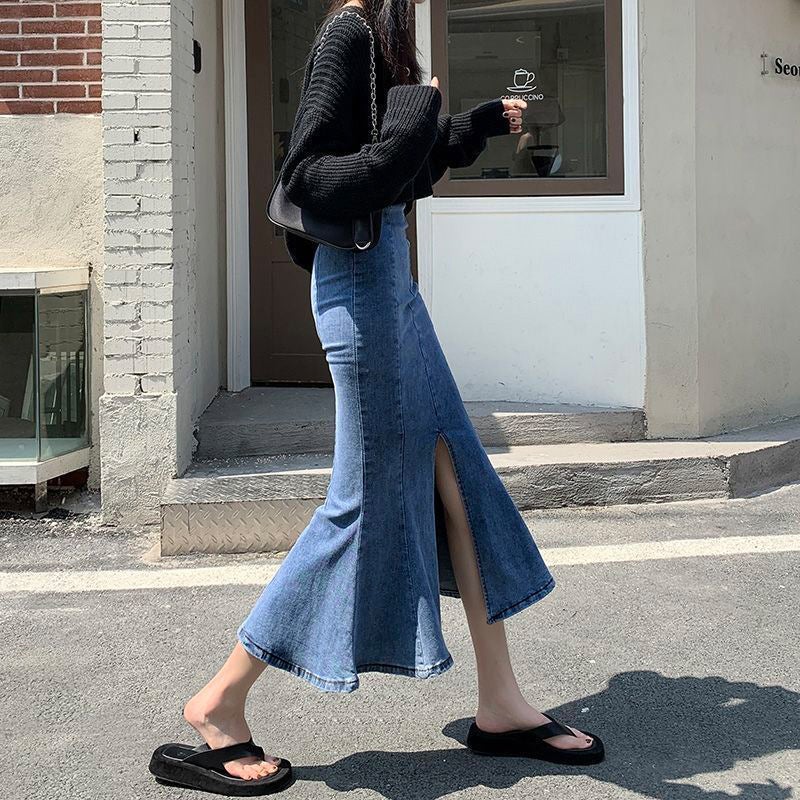 Women's Denim High-Waist Stretchy Bodycon Mermaid Skirt with Side Slit - Image 2