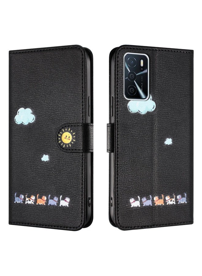 HuHa Case Cover For OPPO A16 / A16s Cartoon Cats Leather Phone Case(Black) - Image 2
