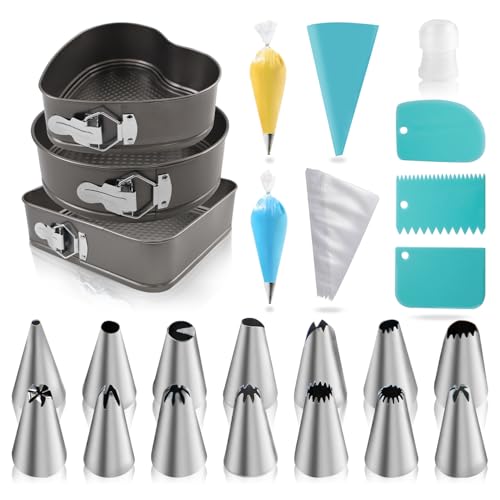Yumatouch Springform Cake Pans Set 8 910 Inch Heart Pan Round Cake Pan Square Baking Nonstick Cheesecake Pans Springform Pans with 100 Pcs Piping Bags 16 Pcs Nozzles 3 Pcs Scrappers - Image 1