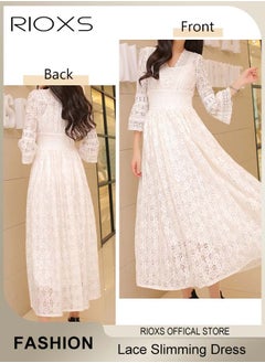 RIOXS Women's V-neck Lace Slim Maxi Dress, Long Flared Sleeve Party Dress, Casual Beach Dress, Elastic Waist Princess Dress, Ladies Elegant Dresses, Boho Maxi Dress Bohemian Dress For Women  - Image 3