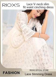 RIOXS Women's V-neck Lace Slim Maxi Dress, Long Flared Sleeve Party Dress, Casual Beach Dress, Elastic Waist Princess Dress, Ladies Elegant Dresses, Boho Maxi Dress Bohemian Dress For Women  - Image 2