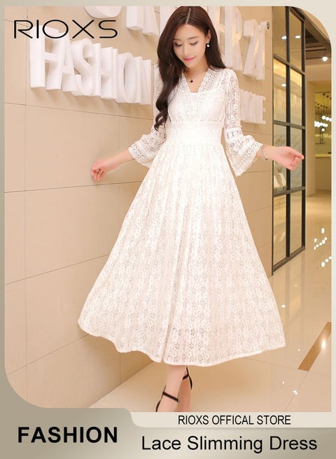 Women's Long Sleeve Floral Lace Maxi Dress, Elegant A-Line V-neck Long Flared Sleeve Party Dress, Casual Soft Slim Fit Boho Beach Dress for Ladies, Flowy Elastic High Waist Lace Eyelet Hollow Out Long Wedding Dress for Party, Dating, Wedding, Cocktail, Evening, Prom, Vacation, White