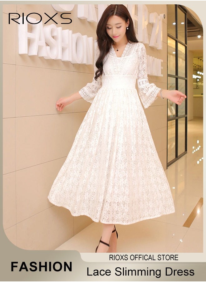 RIOXS Women's V-neck Lace Slim Maxi Dress, Long Flared Sleeve Party Dress, Casual Beach Dress, Elastic Waist Princess Dress, Ladies Elegant Dresses, Boho Maxi Dress Bohemian Dress For Women  - Image 1