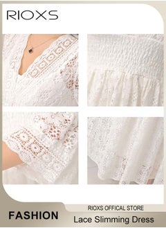 RIOXS Women's V-neck Lace Slim Maxi Dress, Long Flared Sleeve Party Dress, Casual Beach Dress, Elastic Waist Princess Dress, Ladies Elegant Dresses, Boho Maxi Dress Bohemian Dress For Women  - Image 5
