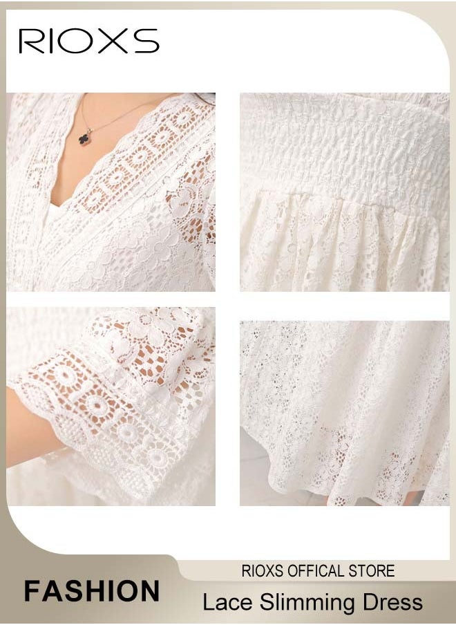 RIOXS Women's V-neck Lace Slim Maxi Dress, Long Flared Sleeve Party Dress, Casual Beach Dress, Elastic Waist Princess Dress, Ladies Elegant Dresses, Boho Maxi Dress Bohemian Dress For Women  - Image 5