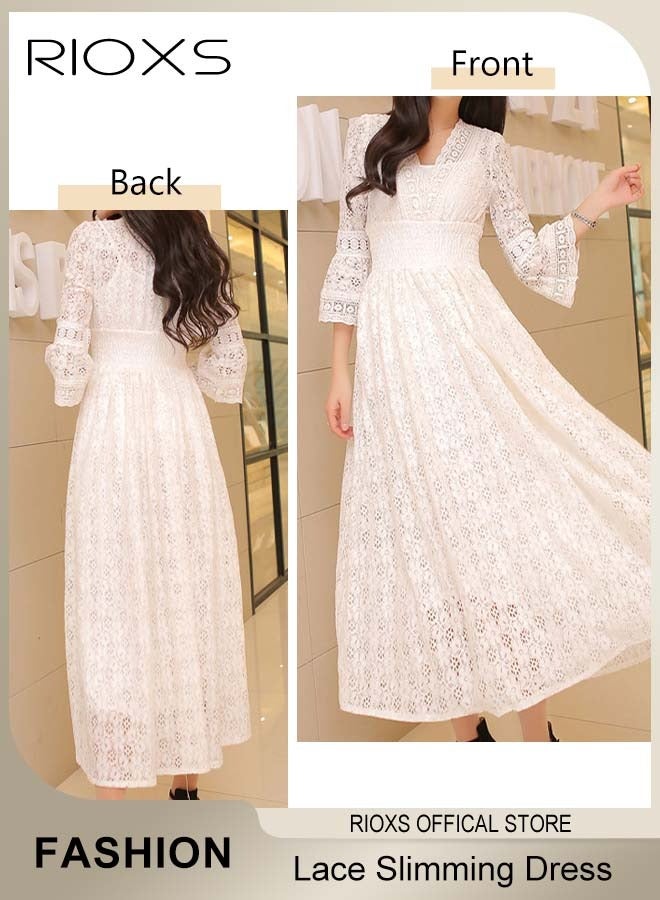 RIOXS Women's Long Sleeve Floral Lace Maxi Dress, Elegant A-Line V-neck Long Flared Sleeve Party Dress, Casual Soft Slim Fit Boho Beach Dress for Ladies, Flowy Elastic High Waist Lace Eyelet Hollow Out Long Wedding Dress for Party, Dating, Wedding, Cocktail, Evening, Prom, Vacation, White - Image 2
