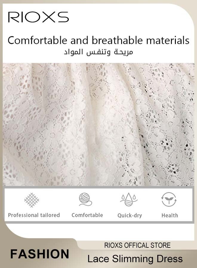 RIOXS Women's Long Sleeve Floral Lace Maxi Dress, Elegant A-Line V-neck Long Flared Sleeve Party Dress, Casual Soft Slim Fit Boho Beach Dress for Ladies, Flowy Elastic High Waist Lace Eyelet Hollow Out Long Wedding Dress for Party, Dating, Wedding, Cocktail, Evening, Prom, Vacation, White - Image 3