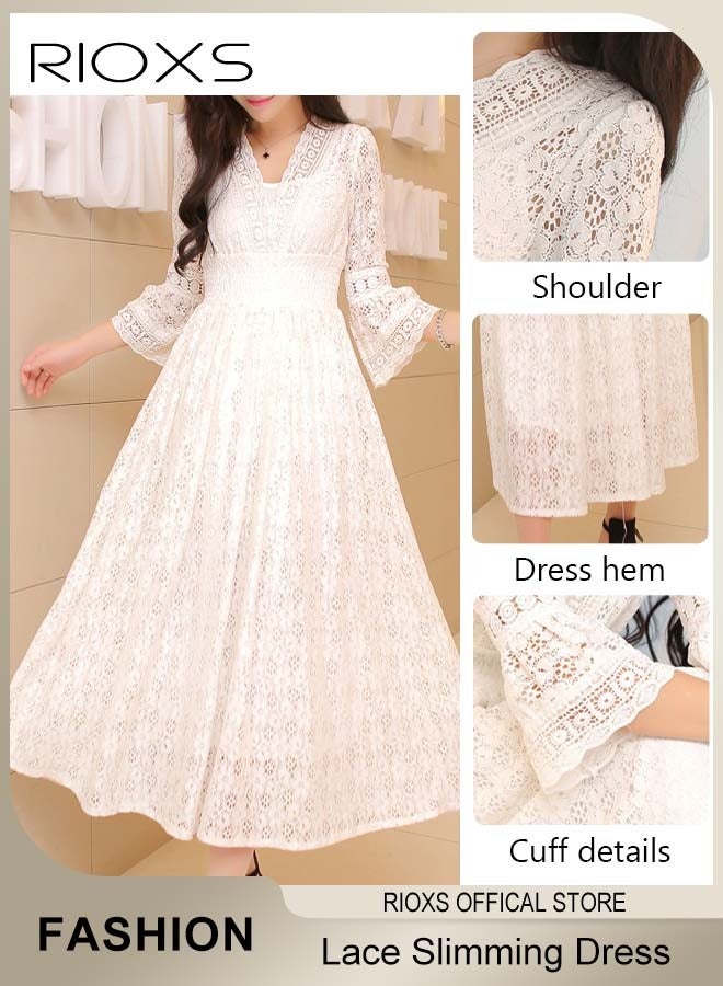 RIOXS Women's Long Sleeve Floral Lace Maxi Dress, Elegant A-Line V-neck Long Flared Sleeve Party Dress, Casual Soft Slim Fit Boho Beach Dress for Ladies, Flowy Elastic High Waist Lace Eyelet Hollow Out Long Wedding Dress for Party, Dating, Wedding, Cocktail, Evening, Prom, Vacation, White - Image 5